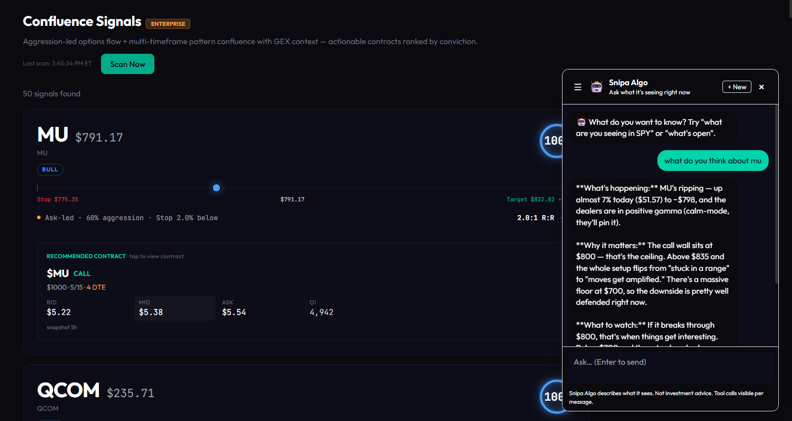 Snipa Algo AI chat widget answering an options-market question with linked sources